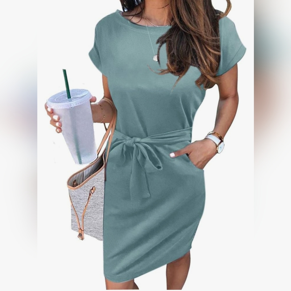 MEROKEETY Womens Summer Short Sleeve TShirt Dress Tie Waist & Pockets Size Large - Picture 6 of 6